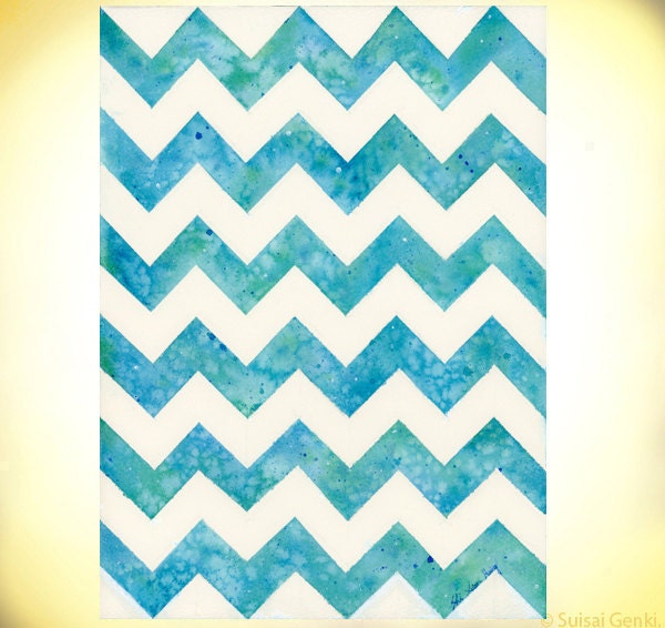 Ocean Chevron, Blue tone, Blue Chevron, Giclee Print, 8x10, Watercolor painting by Suisai Genki, Turquoise Blue, Marine Blue, Blue