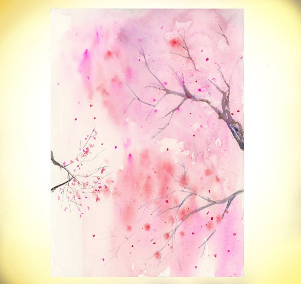 Cherry Blossom, Sakura, Abstract, 5x7" -  Watercolor Painting by Suisai Genki , Giclee Print, Pink, Red, Black, Rose Pink