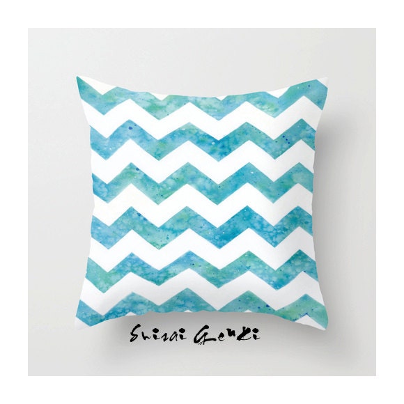 Ocean Chevron, Blue tone, Ocean Blue Tone, 20x20 , Pillow Cover, Watercolor painting by Suisai Genki, Turquoise Blue, Marine Blue, Blue