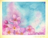 Cherry Blossom in Blue Sky, Cherry Blossom, Cherry tree, Sakura, 5x7, Giclee Print, Art Watercolor painting by Suisai Genki, Pink, Blue,