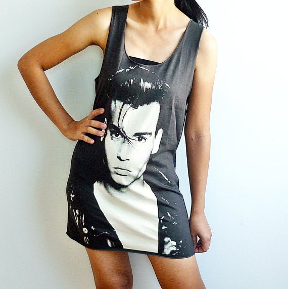 Johnny Depp Cry Baby Movie Film Artist Screen Printed Black Women Tunic Tank Top T Shirt Size M