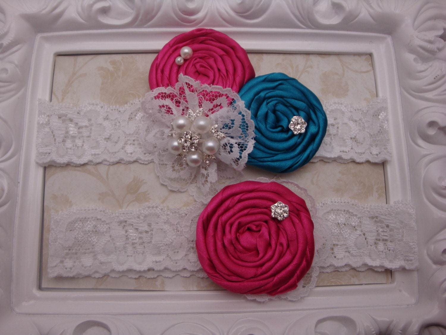 Wedding Garter - Bridal Garter - Vintage Inspired Hot Pink and Teal Blue Rosette Garter and Toss Garter Set
