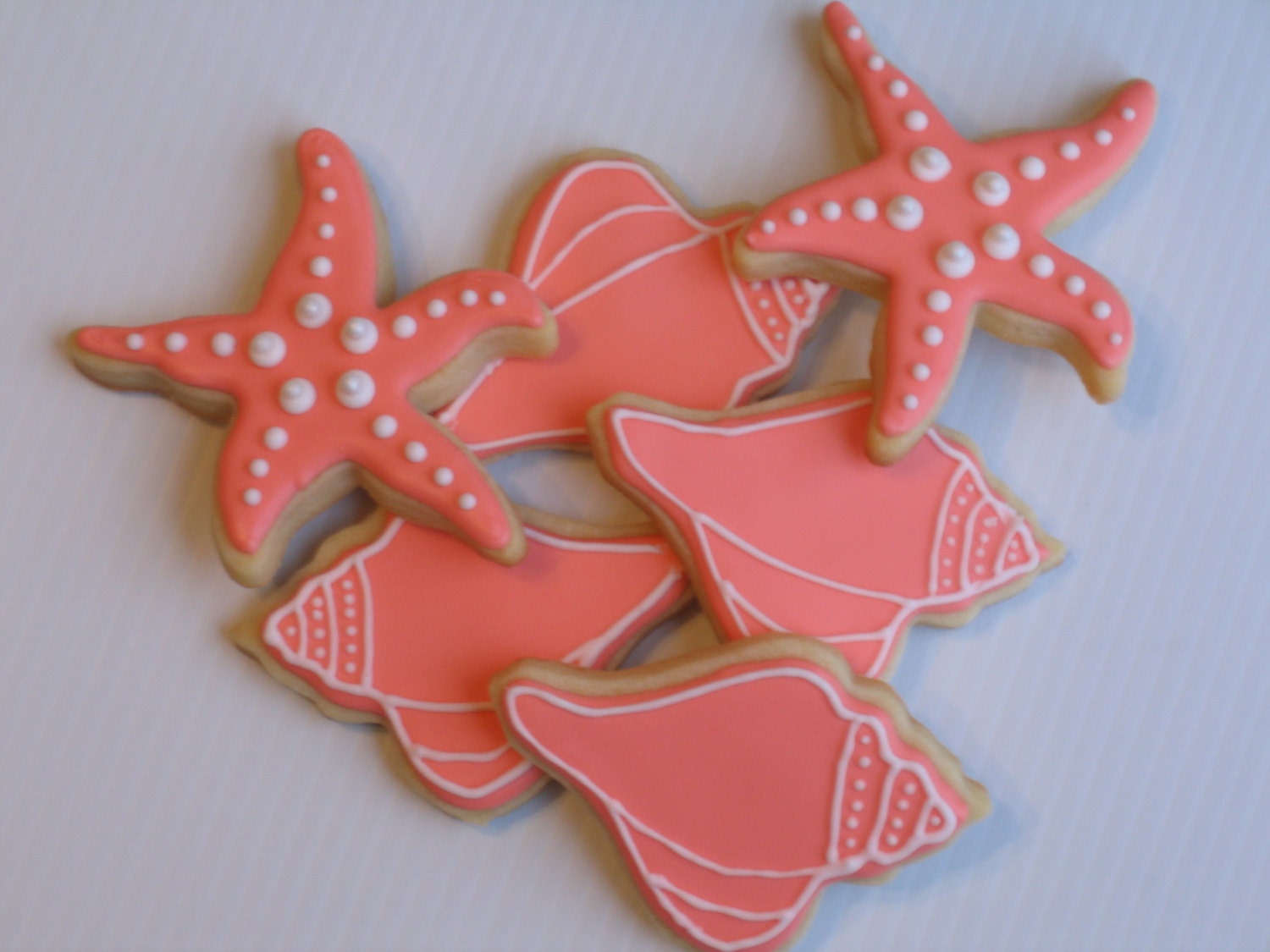 1 Doz Starfish and Conch Shell Decorated Sugar Cookies - Coral Wedding Favor - Beach Theme - Birthday Party