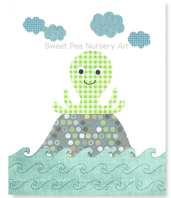 Boy Nursery Print, Boys Room, Ocean Nursery, Octopus, Blue, Green, Sea Creature, Marine, Nautical Nursery, 8 x 10 Print, Cute Nursery Art