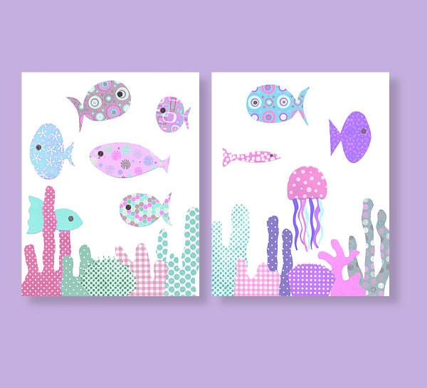 Fish Nursery Art, Ocean Nursery, Nautical Nursery Girls, Girls Room Decor, Pink Purple Nursery, 8 x 10 Print, Cute Nursery Art