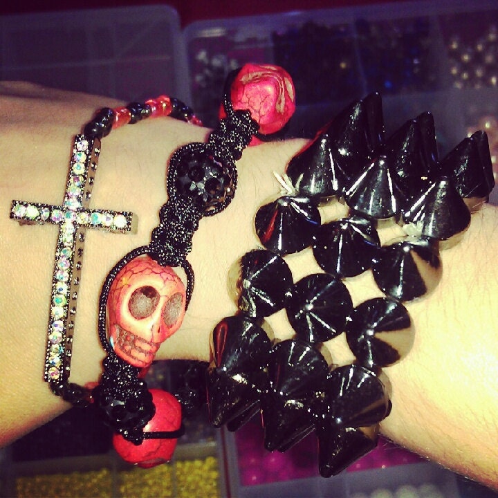 HOT TAMALE set - Cross Charm Bracelet, beaded skull and rhinestone bracelet with studded cuff