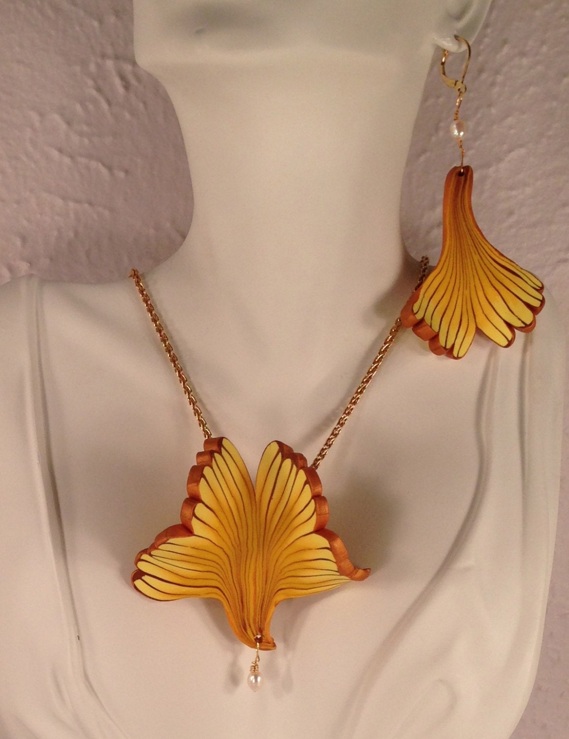 Gingko Pendant and Earrings. Polymer Clay. Freshwater Pearls. Golden Yellow and  Metallic Gold. Handcrafted.