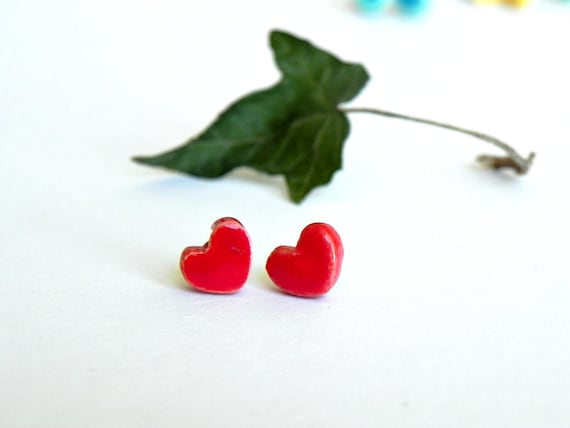 Red Heart Ceramic Tiny Earrings Stud Minimalist Modern Everyday Post Surgical Stainless Steel