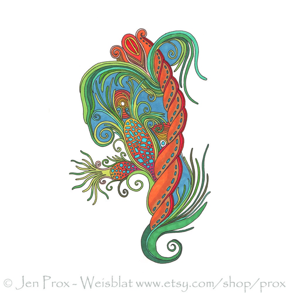 Orange red green and blue, rainbow fantasy flower plant with a feather pattern Giclee Art Print 8 x 10