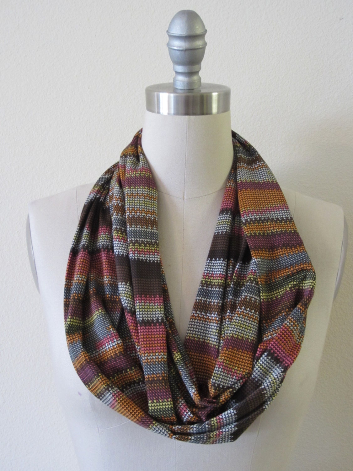 Handmade soft unisex multi colored ethnic graphic lines yarn print, thin jersey knit Infinity Scarf Loop Scarf Circle Scarf