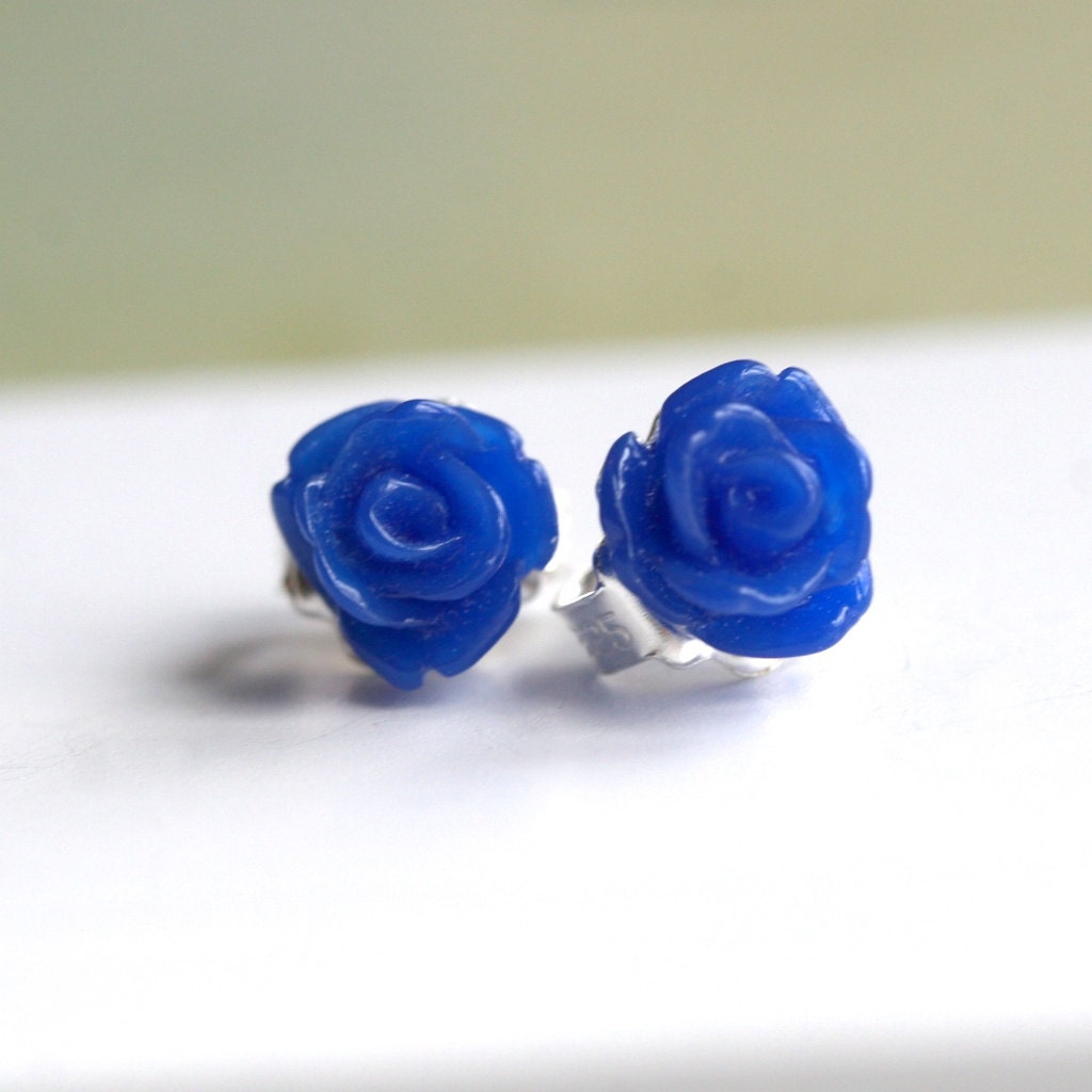 Handmade tiny rose earrings, deep blue, royal, sterling silver, resin flower cabochon, flower studs, post, Petite Mimi Jewelry