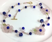 Unique, kawaii, Japanese cherry blossom, kimono sakura jewelry, gorgeous flower, handmade necklace, rose quartz, peridot, Murano glass
