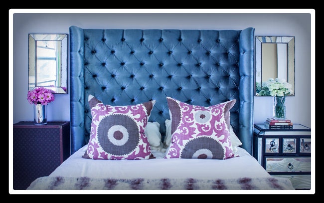 Custom Upholstered Headboard with Diamond Tufting and a Wingback Design - Shown in a Queen Size and in Steel Blue Silk Shantung