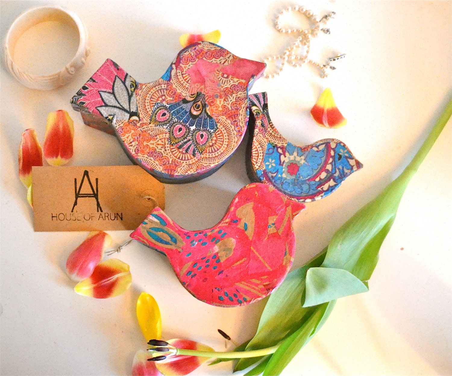 Jewellry Box, Trinket Box, Bird Gift Box, Decoupage Indian Inspired, Ethnic Home Decor