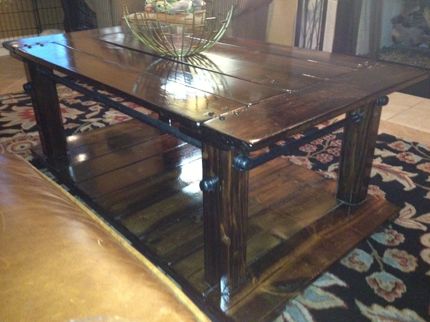 Rustic Industrial Coffee Table in Dark Walnut with Black Pipe