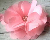 Light Pink Satin & White Bridal Tulle, Fabric Flower, Hair Clip, Girls Pink Headband, Flower Girl Hair Accessory, Women's Headband, Brooch