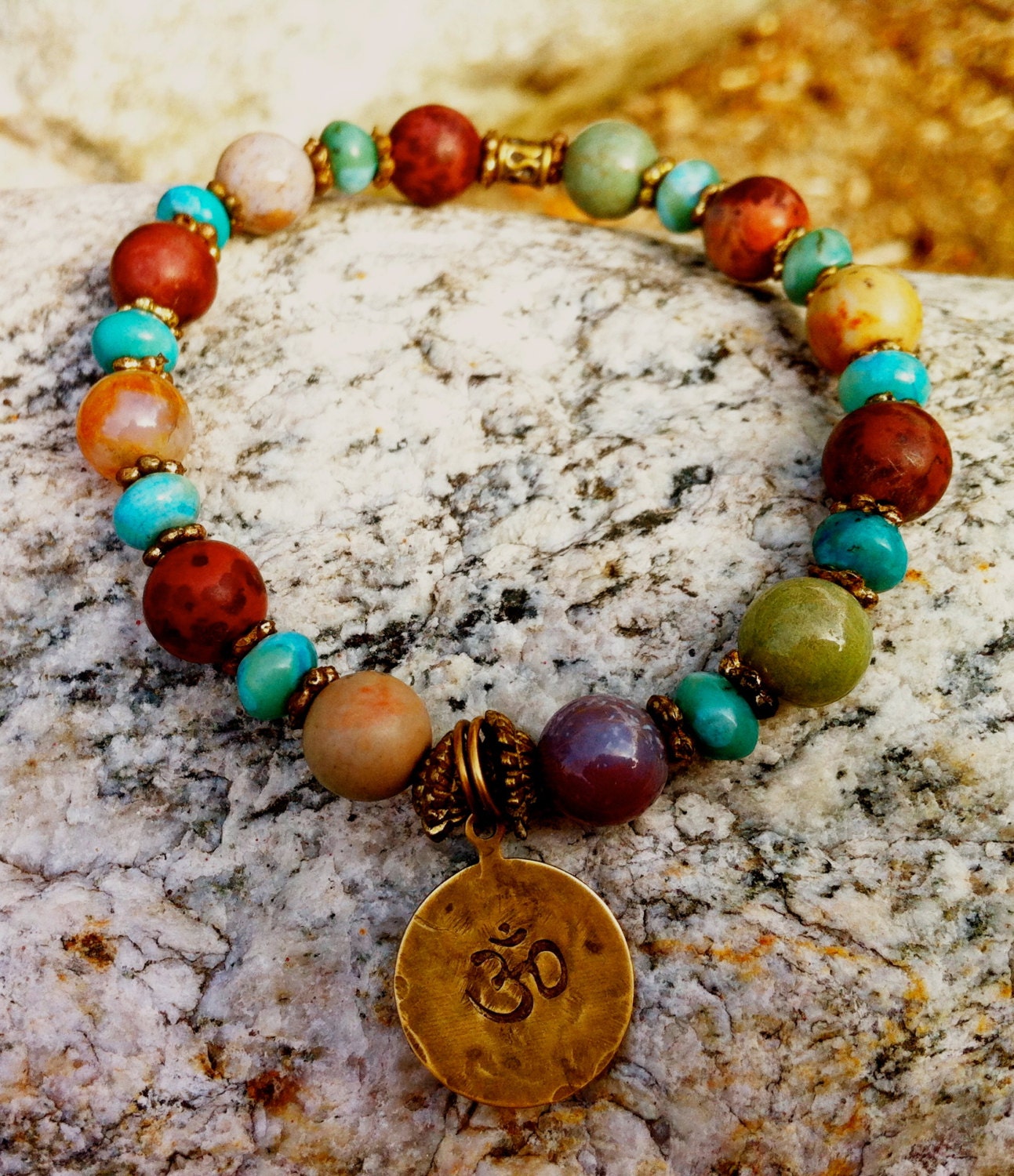 Mixed jasper healing bracelet with OM charm, jasper bangle, om charm bracelet