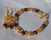 Handmade Topaz/Chocolate Pearl Swarovski Crystal Jewelry Set bridal prom gold