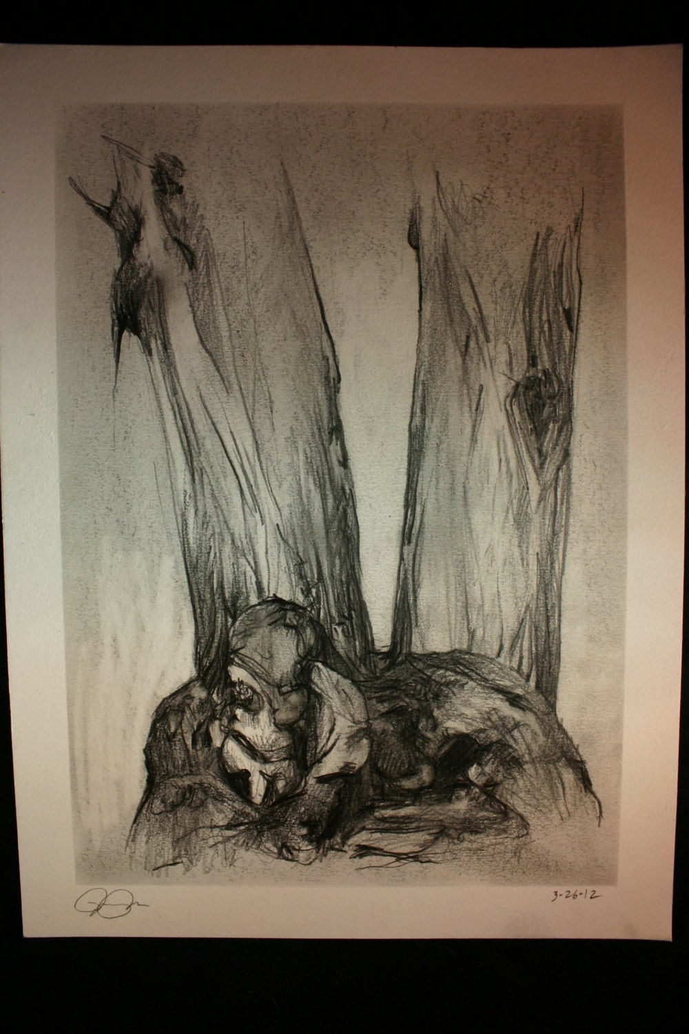 Nature graphite pencil drawing on paper of Burled crotch- twisted abstract trees-Alla prima, Plein air