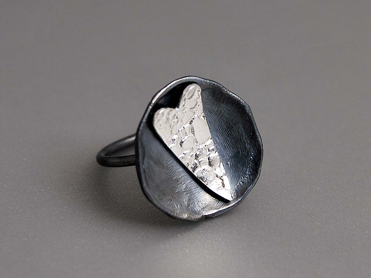 Big Heart Statement Ring Adjustable Band Sterling Silver Oxidized Patina Leather Organic Texture Heart Recycled Silver Love Gift for Her