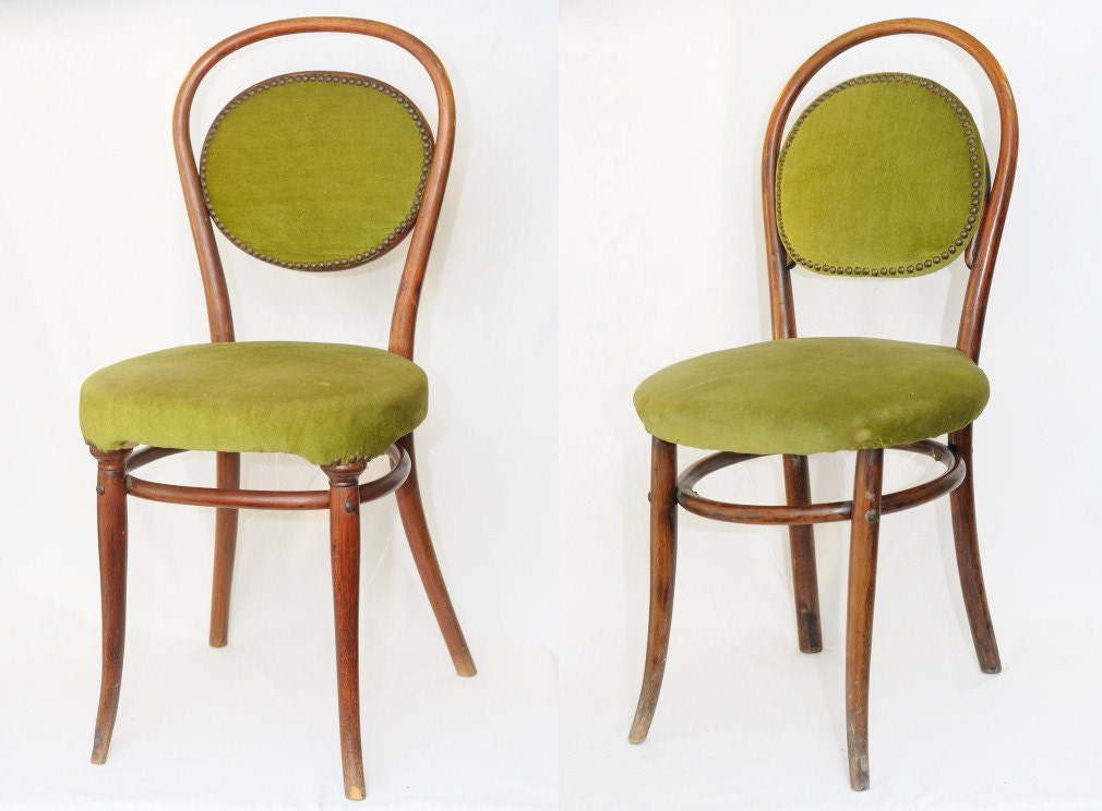 2 Vintage Artisanal Wien Table Dining Chairs Italian Olive Green Velour Velvet and Curved Wood, circa 1920's