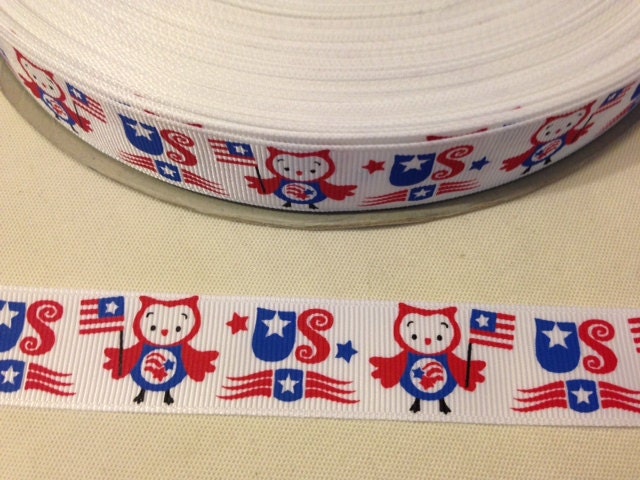 2 yards USA Patriotic Owl flag grosgrain ribbon 7/8" BTY - patriotic Memorial Day 4th of July - BTY for bow