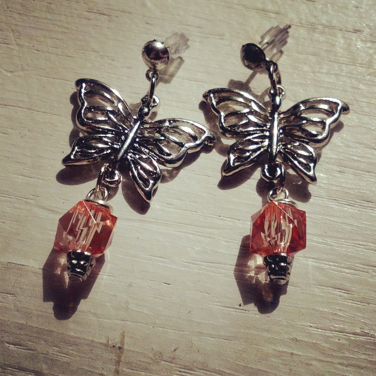 Butterfly Earrings with Dangling Orange Crystal Trendy Chic June Summer Fashions