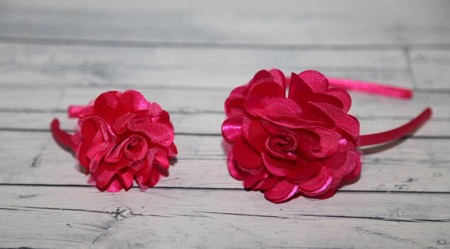 Doll and Me Headband Set, Hot Pink Doll Headband, Girls Headband, Hot Pink Flower Headband