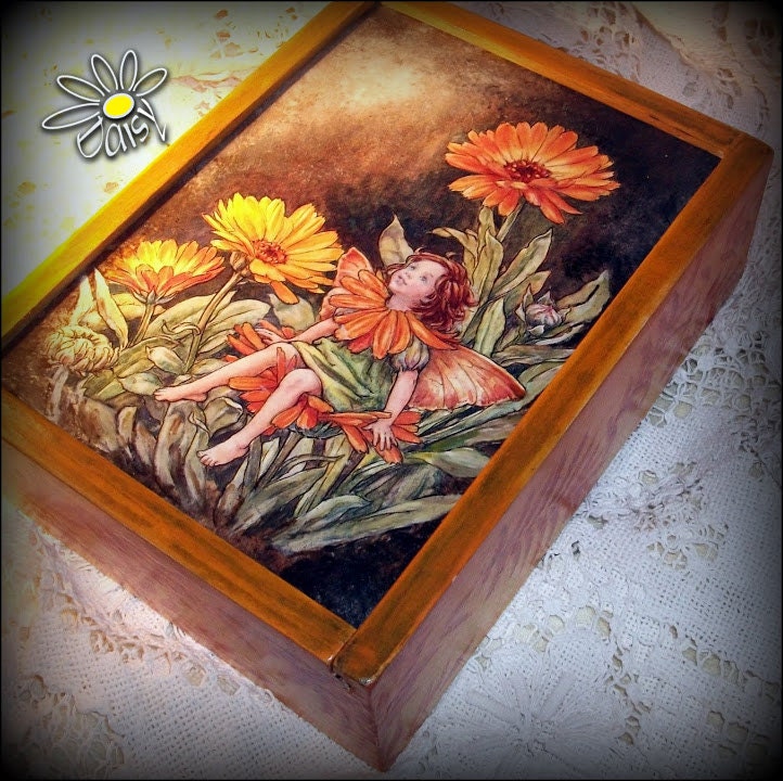 Wooden box for tea or sweets, decorated with Flower Marigold Fairy using decoupage technique, handmade.