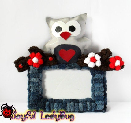 Handmade leather owl in love, red heart, picture frame, photo frame decorated with fluffy flower, ladybug, blue fluffy wool