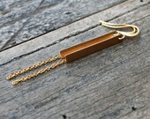 Long gold brass geometric bar rectangle drop pendant dangle earrings with tiny chains vintage jewelry