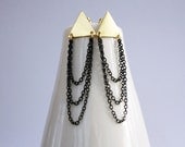 Geometric brass triangle dangle earrings studs earstuds with tiny black chains vintage jewelry