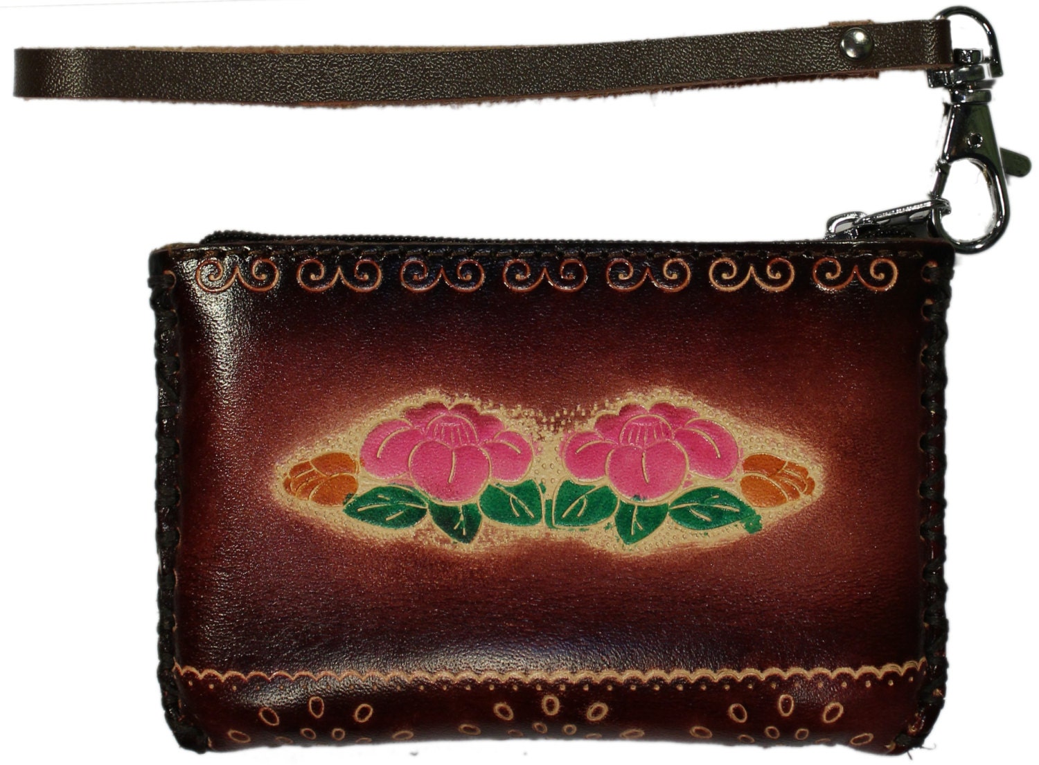 Beautiful & Unique Handmade Embossed Leather Rectangular Wristlet / Change Purse w Colorful Flowers - DEEP MAHOGANY BROWN - Hand Sewn