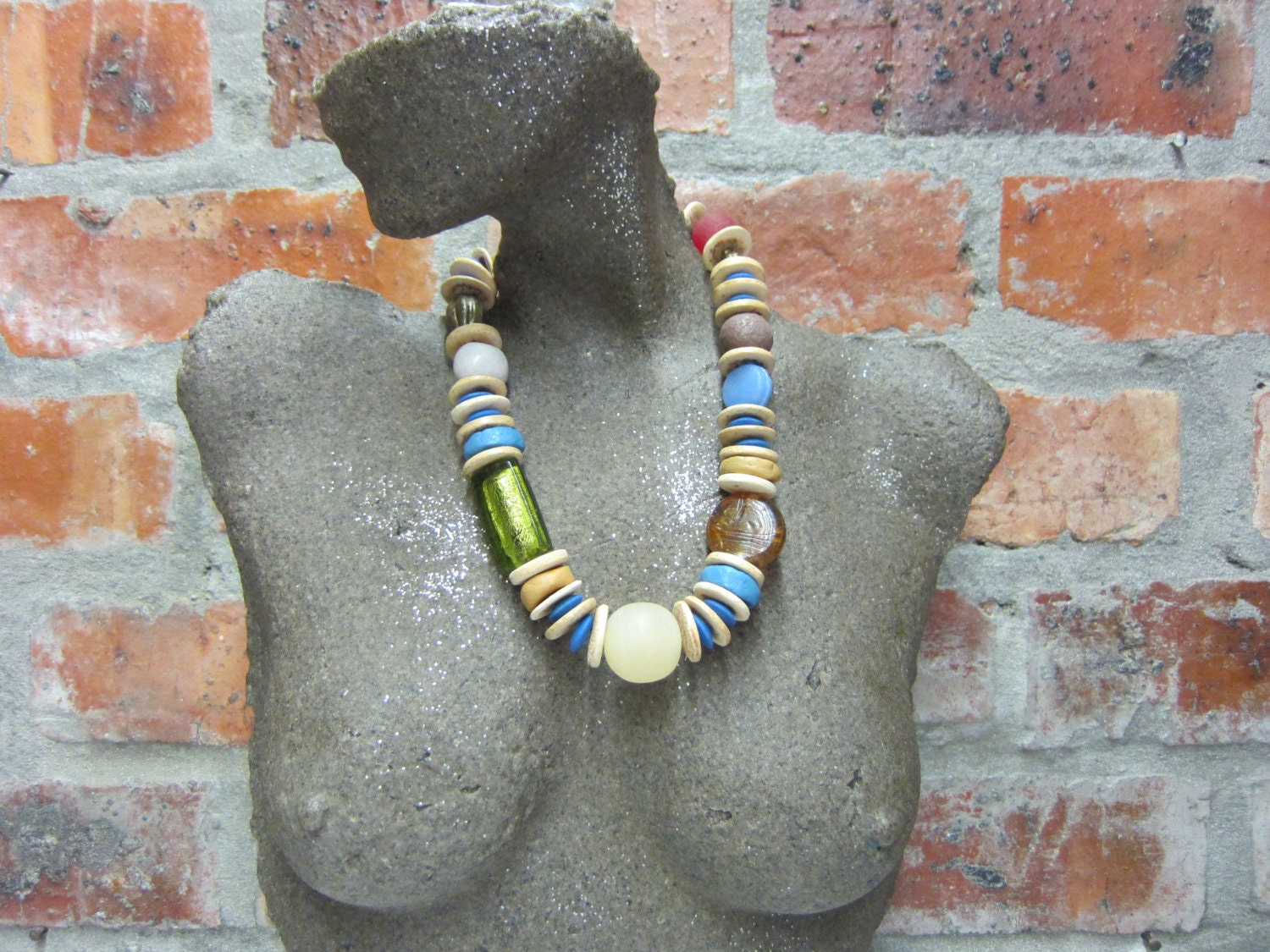 African Beaded Necklace, Ethnic, Recycled Glass, Resin Beads, Handmade Clay Beads, Chunky, Wooden Beads, Aged Metallized Beads.