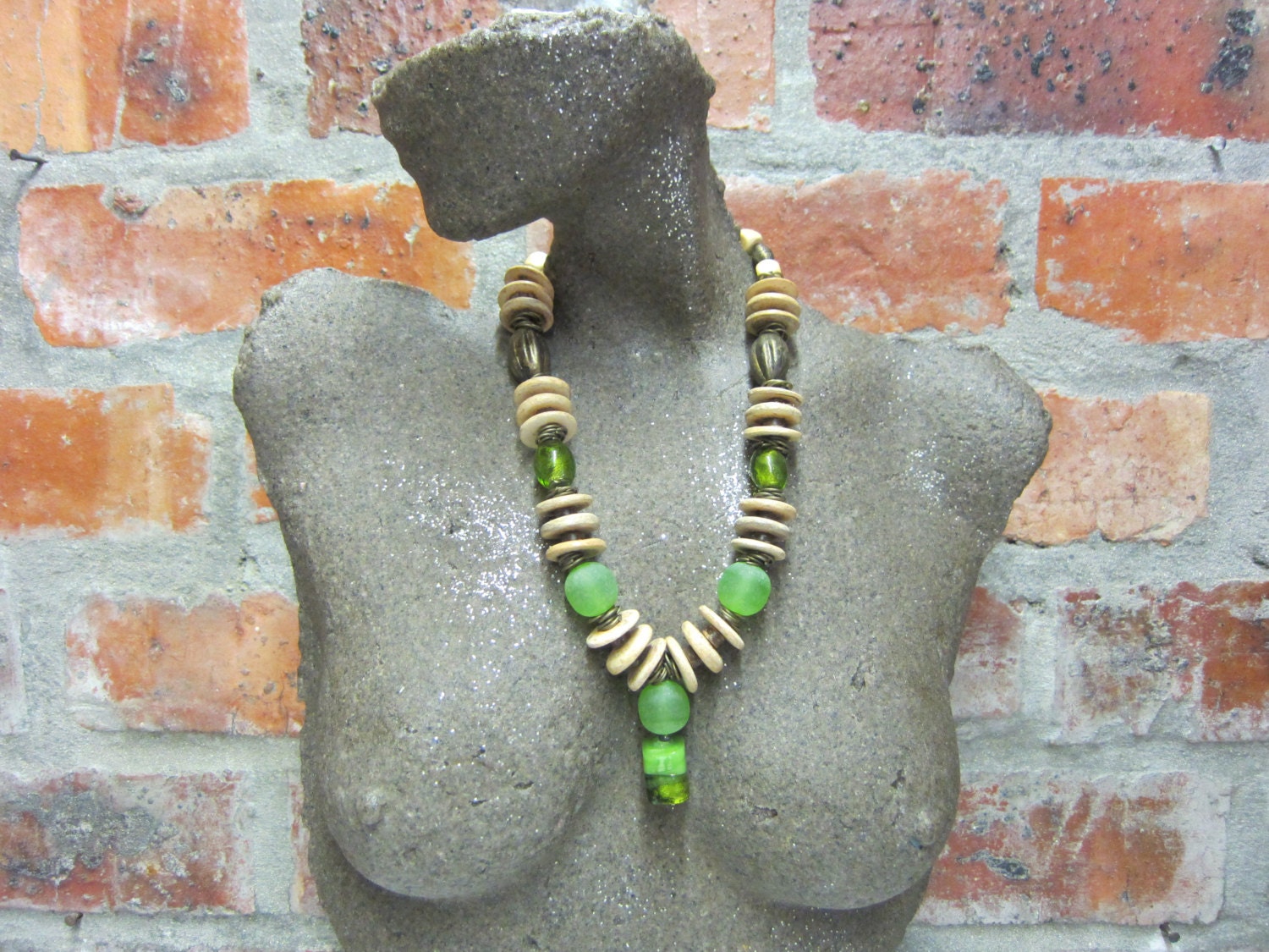 African Beaded Necklace, Resin Beads,Recycled Glass Beads, Ethnic, Handmade, Chunky, Wooden Beads, Aged Metallized Beads