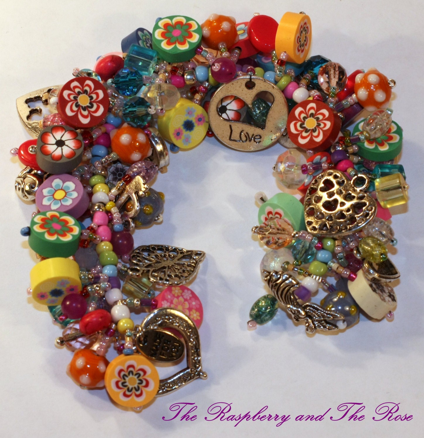 Floral Polymer Clay Beaded Cha-Cha Charm Bracelet in Cheerful Hues with Heart Charms