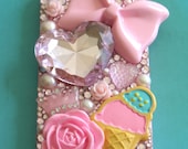 Handmade "Ice-cream Love" Bling Heart Gem Jewel Pastel Pink Bow Ice Cream Rose Pearls i Phone 4 or 5 Case