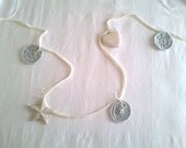 crochet garland with crochet and wood motifs, handmade, cottage chic, granny chic and homespun style