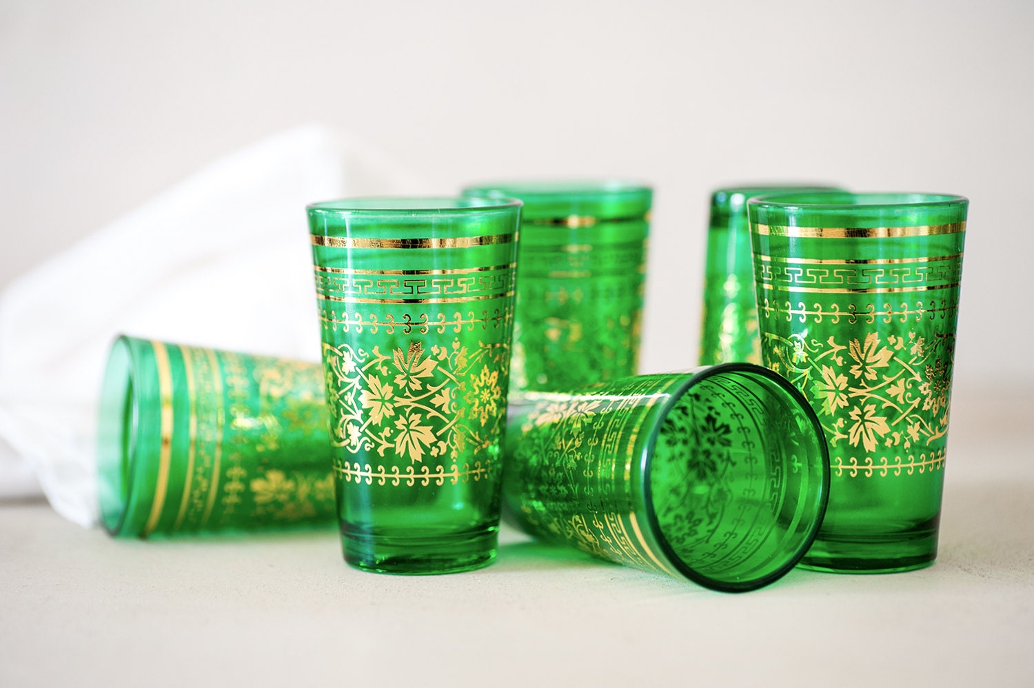 Set of 6 Moroccan Style Green Glassware  - Glass Cups in Green and Gold Decoration - Traditional Tea Cups