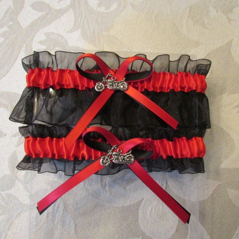 Red Motorcycle Harley Wedding Garter Set Prom 2 Piece Set Red And Black Bridal Garter