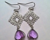 Rhodium Plated Lace Crochet Pendant with Purple Glass Stones