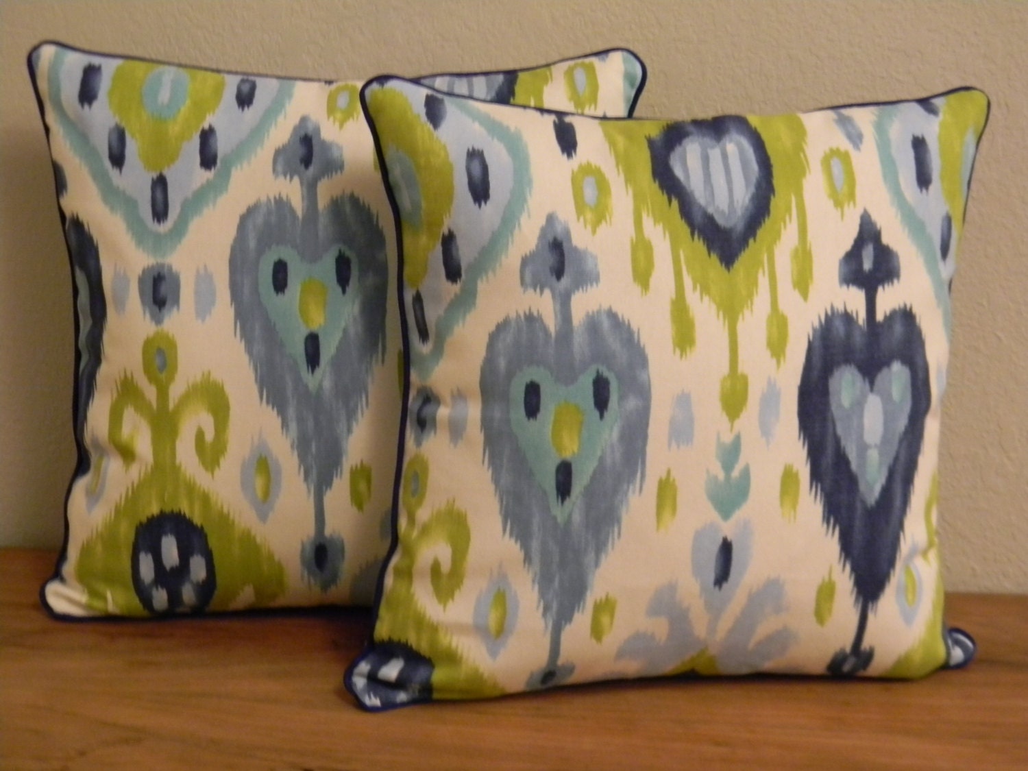 Pair of Handmade Blue & Green Ikat Pillow Covers
