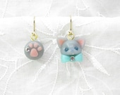 Petit Cute Cat & Paw Earrings Fimo  Polymer Clay Kawaii kitten One of a Kind Swarovski