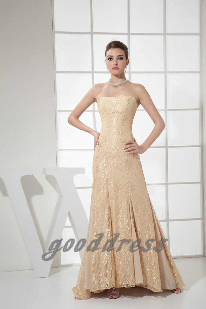Custom Handmade Cheap New Arrival Gold Lace Long Evening/Prom/Party/Bridesmaid/Homecoming/Cocktail Dress