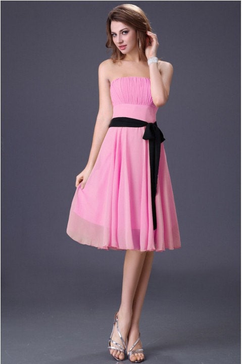 Hand made Pink Silver Strapless A line Fold Chiffon Ribbon Zipper back Knee length formal Bridesmaid/Prom/Party/Cocktail/Homecoming Dress