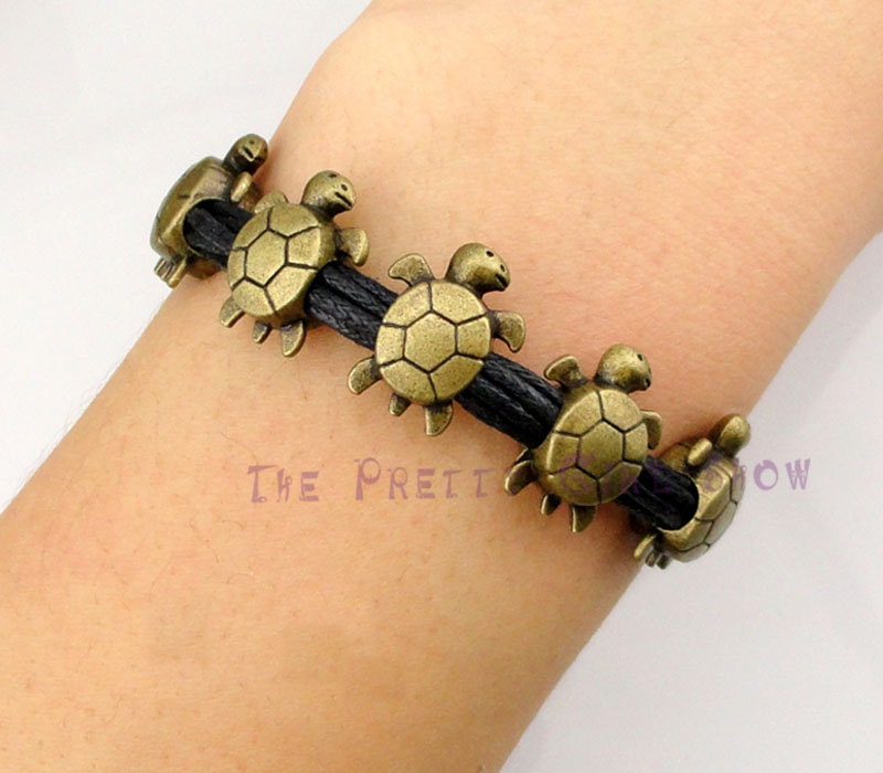 Handmade  five longevity turtles  Charm Bracelet in Bronze-Wax Cords -Choose Your Favourite Color -Customize Your Own Style-Friendship Gift