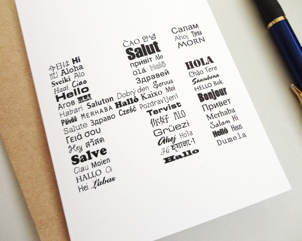 Hello card hi card many languages typography any occasion