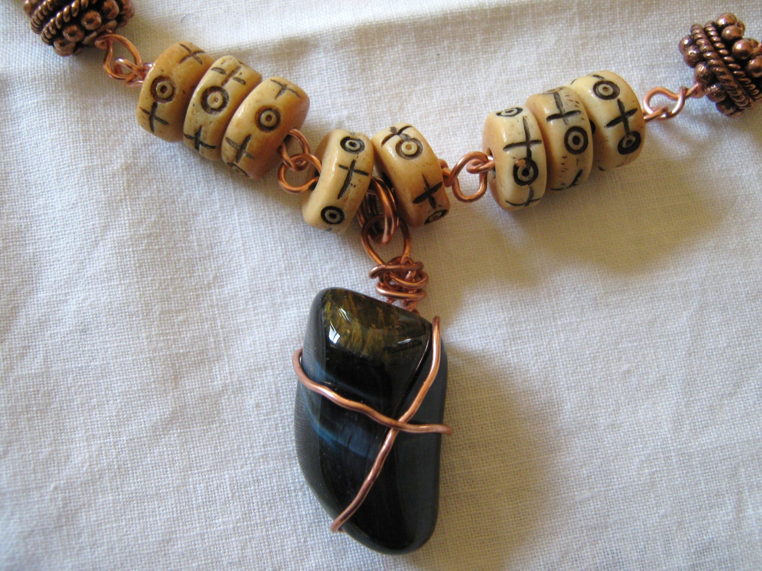 Bone Prayer Bead and Copper Shaman Necklace with Blue Tiger's Eye Pendant, 23 Inches