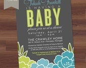 Baby Shower Invitation - Modern Bloom - Floral, teal, green, lime, turquoise - Girl, Boy Twins, Gender Neutral (DIY Digital Printable)