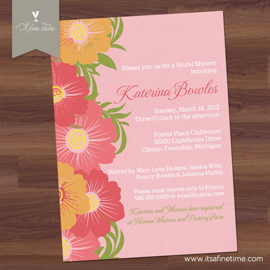 Bridal Shower Invitation - Fabulous Floral - Tropical Flowers, Hot Pink, Pink, Orange, Coral  (DIY Digital Printable)